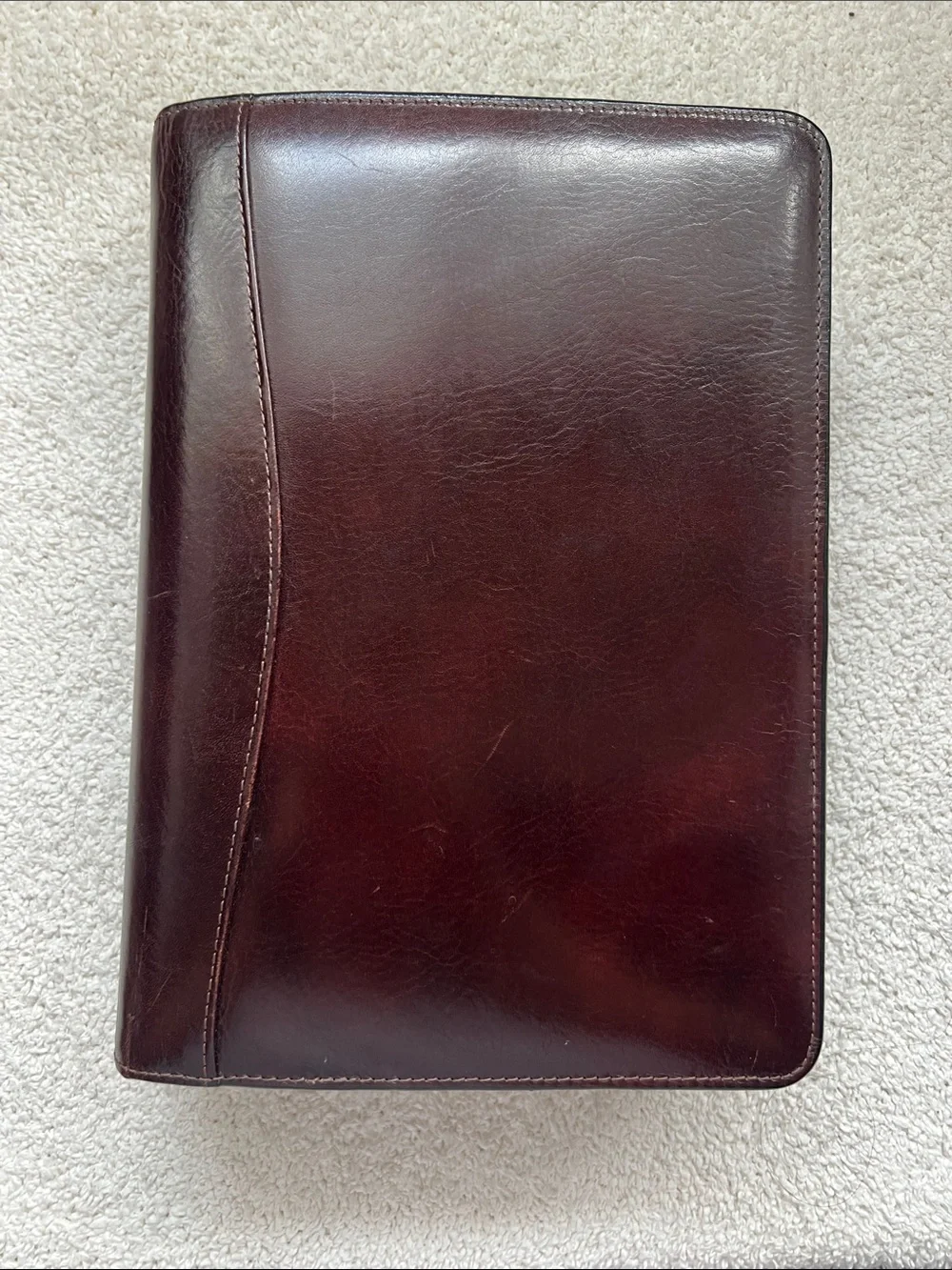 Brown Leather Scullt Zippered 3 Ring Binder Folio